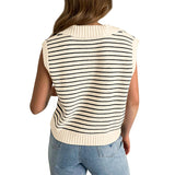 Women's V Neck Cap Sleeve Sweater Vest Sleeveless Collared Striped Knit Tank Tops