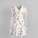 French Style V-neck Puff Sleeve Dress Waist Trimming Printing Ruffles