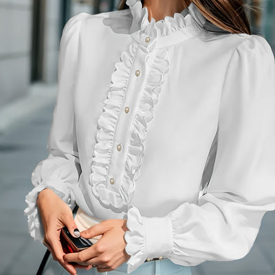 Women’s Fashionable Stand-Up Collar Long-Sleeved Shirt with Ruffled Hem – Solid Colour