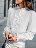 Women’s Fashionable Stand-Up Collar Long-Sleeved Shirt with Ruffled Hem – Solid Colour