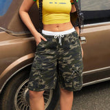Loose Double Waist Casual Style Camouflage Pocket Drawstring Shorts