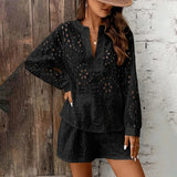 Women's Solid Color Elegant V-Neck Lace Long Sleeve Blouse & Shorts Set - Summer Casual Minimalist Outfit