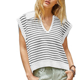 Women's V Neck Cap Sleeve Sweater Vest Sleeveless Collared Striped Knit Tank Tops
