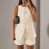 Women's Summer 2 Piece Short Sets Sleeveless Crew Neck Suit Vest Tops High Waist Shorts Business Outfits