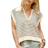 Women's V Neck Cap Sleeve Sweater Vest Sleeveless Collared Striped Knit Tank Tops