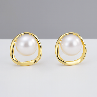 Imitation Pearl Gold Round Stud Earrings