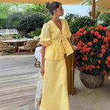 Pleated Lace-up Top Puff Sleeve Skirt