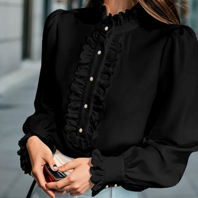 Women’s Fashionable Stand-Up Collar Long-Sleeved Shirt with Ruffled Hem – Solid Colour
