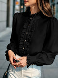 Women’s Fashionable Stand-Up Collar Long-Sleeved Shirt with Ruffled Hem – Solid Colour