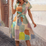 Women's Bohemian Floral Midi Dress V-Neck Short Sleeve Casual Dress, Slight Stretch Woven Fabric, Vibrant Print,  Summer Fashion