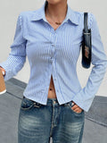 Fashion Casual All-match V-neck Striped Long Sleeve Shirt Top