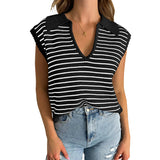 Women's V Neck Cap Sleeve Sweater Vest Sleeveless Collared Striped Knit Tank Tops