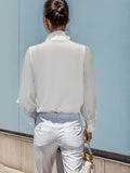 Women’s Fashionable Stand-Up Collar Long-Sleeved Shirt with Ruffled Hem – Solid Colour