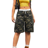 Loose Double Waist Casual Style Camouflage Pocket Drawstring Shorts