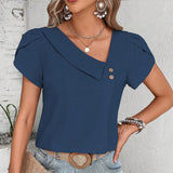 Womens Dressy Casual Petal Sleeve Asymmetrical V Neck Work Shirts Blouse Tops