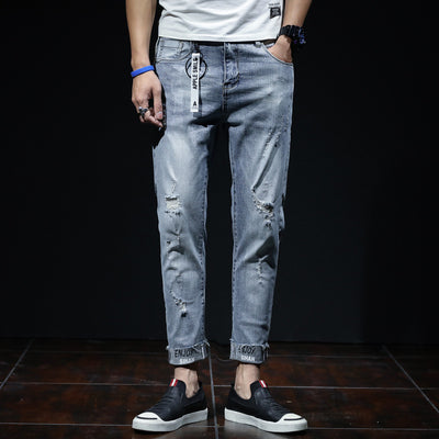 Men’s Grey Ripped Cropped Jeans with Printed Cuffs – Urban Summer Style