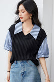 Slimming False Two-piece Women's French Puff Short Sleeve Striped Top