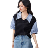 Slimming False Two-piece Women's French Puff Short Sleeve Striped Top