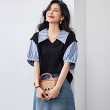 Slimming False Two-piece Women's French Puff Short Sleeve Striped Top