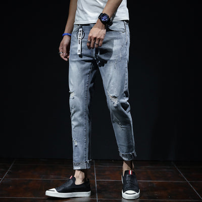 Men’s Grey Ripped Cropped Jeans with Printed Cuffs – Urban Summer Style