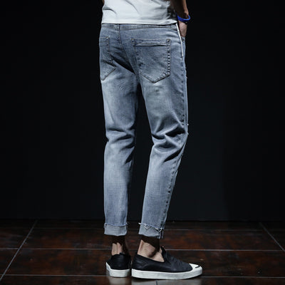 Men’s Grey Ripped Cropped Jeans with Printed Cuffs – Urban Summer Style