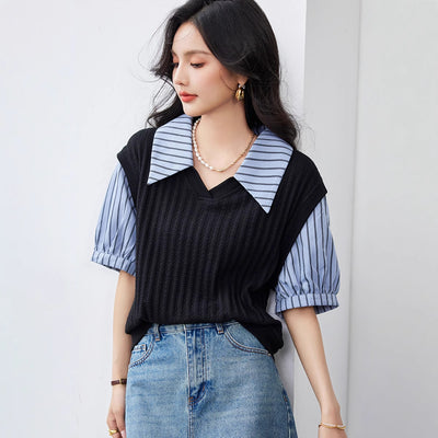 Slimming False Two-piece Women's French Puff Short Sleeve Striped Top