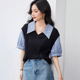 Slimming False Two-piece Women's French Puff Short Sleeve Striped Top