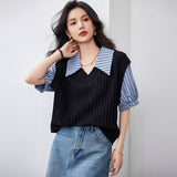 Slimming False Two-piece Women's French Puff Short Sleeve Striped Top