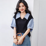 Slimming False Two-piece Women's French Puff Short Sleeve Striped Top