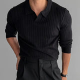 Mens Clothing Retro Knit Lapel Striped Polo Shirt Solid Color Long Sleeve Fashion Light Luxury Popular Knitwear 3Xl