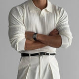Mens Clothing Retro Knit Lapel Striped Polo Shirt Solid Color Long Sleeve Fashion Light Luxury Popular Knitwear 3Xl