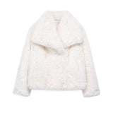 Women Fashion Cropped Faux Fur Jacket Coat Long Sleeve Front Snap-button Female Outerwear Chic Lapel Collar Thick Coat