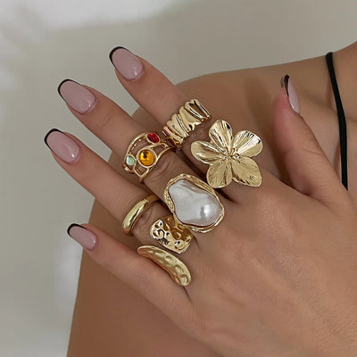 Ingemark Metal Flower Open Rings Women Elegant Baroque Imitation Pearl Ring