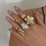 Ingemark Metal Flower Open Rings Women Elegant Baroque Imitation Pearl Ring