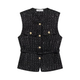 Women Elegant Solid Belt Vests Tops O Neck Metal Button Sleeveless Waistcoat Office Lady Outerwear Casual Blazer Tops