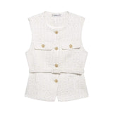 Women Elegant Solid Belt Vests Tops O Neck Metal Button Sleeveless Waistcoat Office Lady Outerwear Casual Blazer Tops
