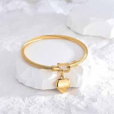 18k Gold Stainless Steel Heart Pendant Charm Bangle Bracelets for Men Women