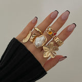Ingemark Metal Flower Open Rings Women Elegant Baroque Imitation Pearl Ring