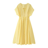 Spring Summer Vintage Women Dresses Fashion Single Breasted Sashes Draped V Neck Sleeveless Solid Ladies Dresses