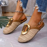 Vacation Style Straw Weaving Women's Sandals Hollow Back Strap Platform Heel Half Slippers Comfortable Flat Bottom Shoes