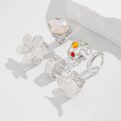 Ingemark Metal Flower Open Rings Women Elegant Baroque Imitation Pearl Ring