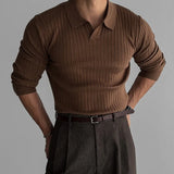 Mens Clothing Retro Knit Lapel Striped Polo Shirt Solid Color Long Sleeve Fashion Light Luxury Popular Knitwear 3Xl