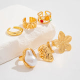 Ingemark Metal Flower Open Rings Women Elegant Baroque Imitation Pearl Ring