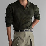 Mens Clothing Retro Knit Lapel Striped Polo Shirt Solid Color Long Sleeve Fashion Light Luxury Popular Knitwear 3Xl