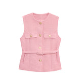 Women Elegant Solid Belt Vests Tops O Neck Metal Button Sleeveless Waistcoat Office Lady Outerwear Casual Blazer Tops