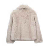 Women Fashion Cropped Faux Fur Jacket Coat Long Sleeve Front Snap-button Female Outerwear Chic Lapel Collar Thick Coat