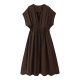 Spring Summer Vintage Women Dresses Fashion Single Breasted Sashes Draped V Neck Sleeveless Solid Ladies Dresses