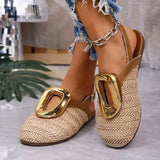 Vacation Style Straw Weaving Women's Sandals Hollow Back Strap Platform Heel Half Slippers Comfortable Flat Bottom Shoes