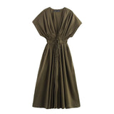 Spring Summer Vintage Women Dresses Fashion Single Breasted Sashes Draped V Neck Sleeveless Solid Ladies Dresses