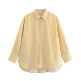 Spring Summer Butter Yellow Striped Women Loose Shirts Fashion Turndown Collar Single Breasted Thin Lady Shirts